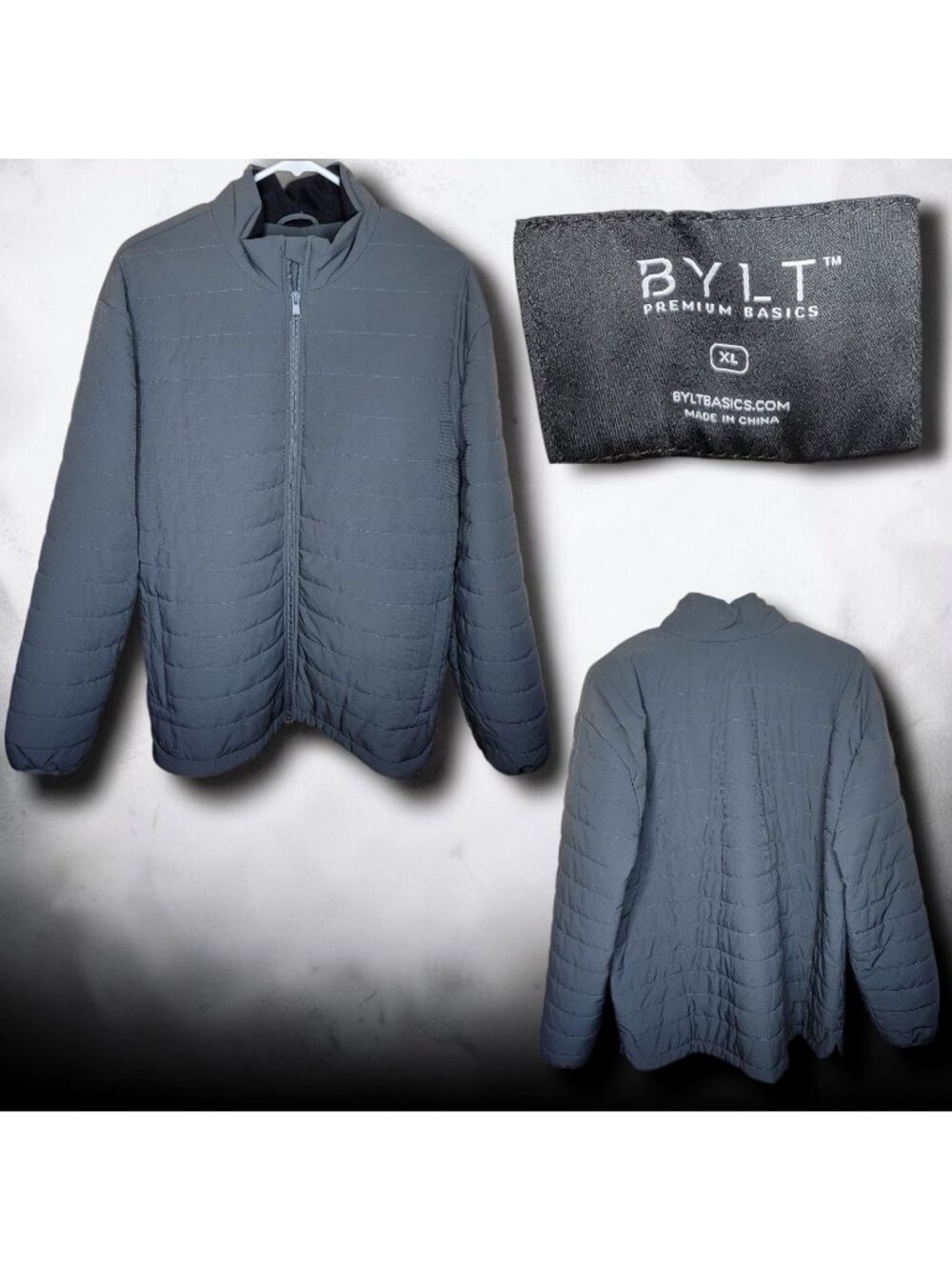 BYLT Puffer Jacket Premium Basics XL Gray Quilted Full Zip Men's Packable